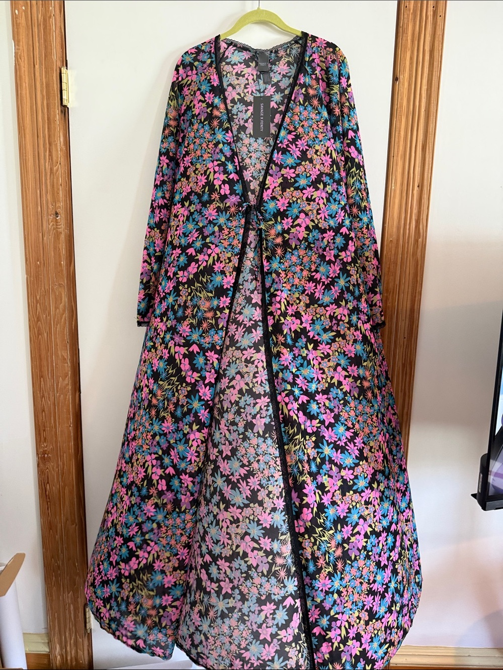 Savage X Fenty Black Floral Open-Front Maxi Robe with Pink & Blue Flowers